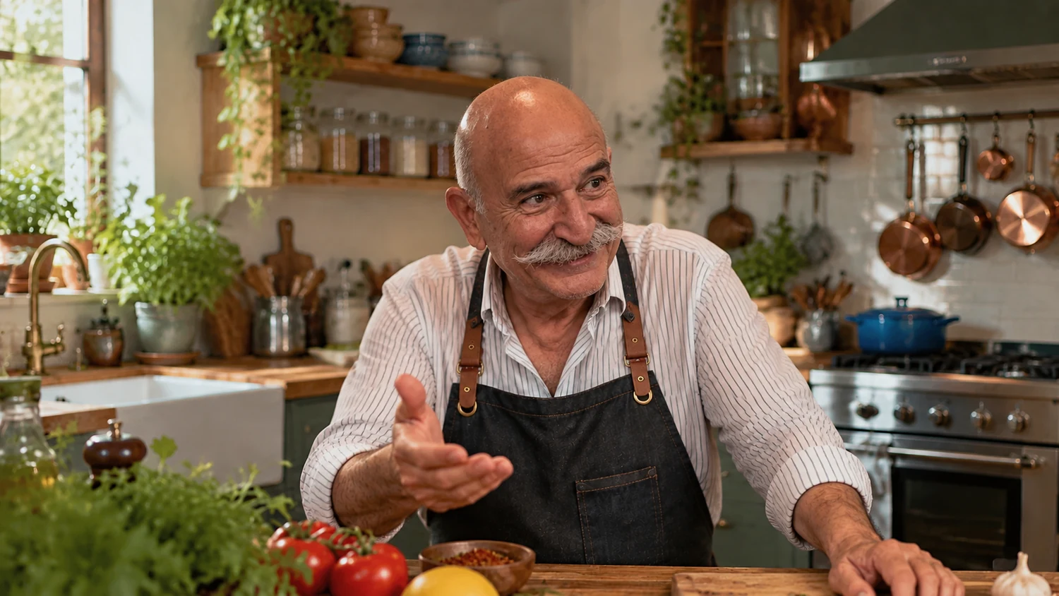 Uncle Jamshid sharing cooking wisdom in his modest Persian-inspired kitchen